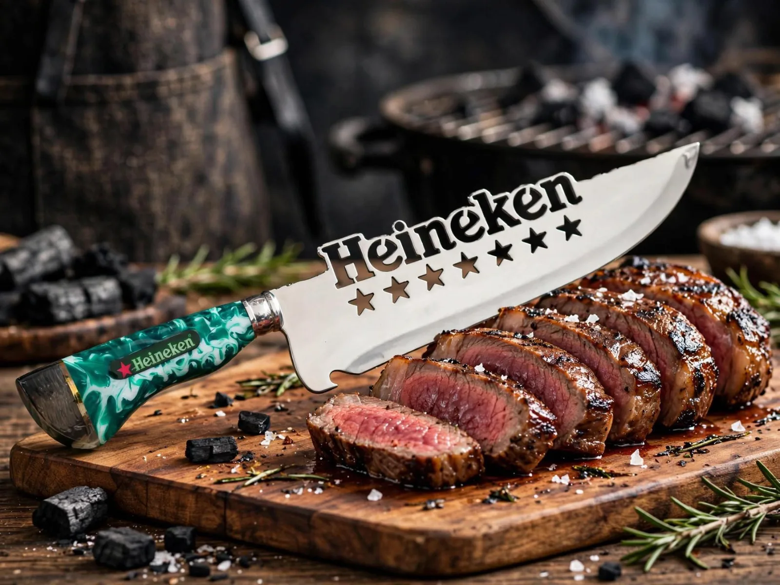 Faca para churrasco personalizada com o tema da Heineken