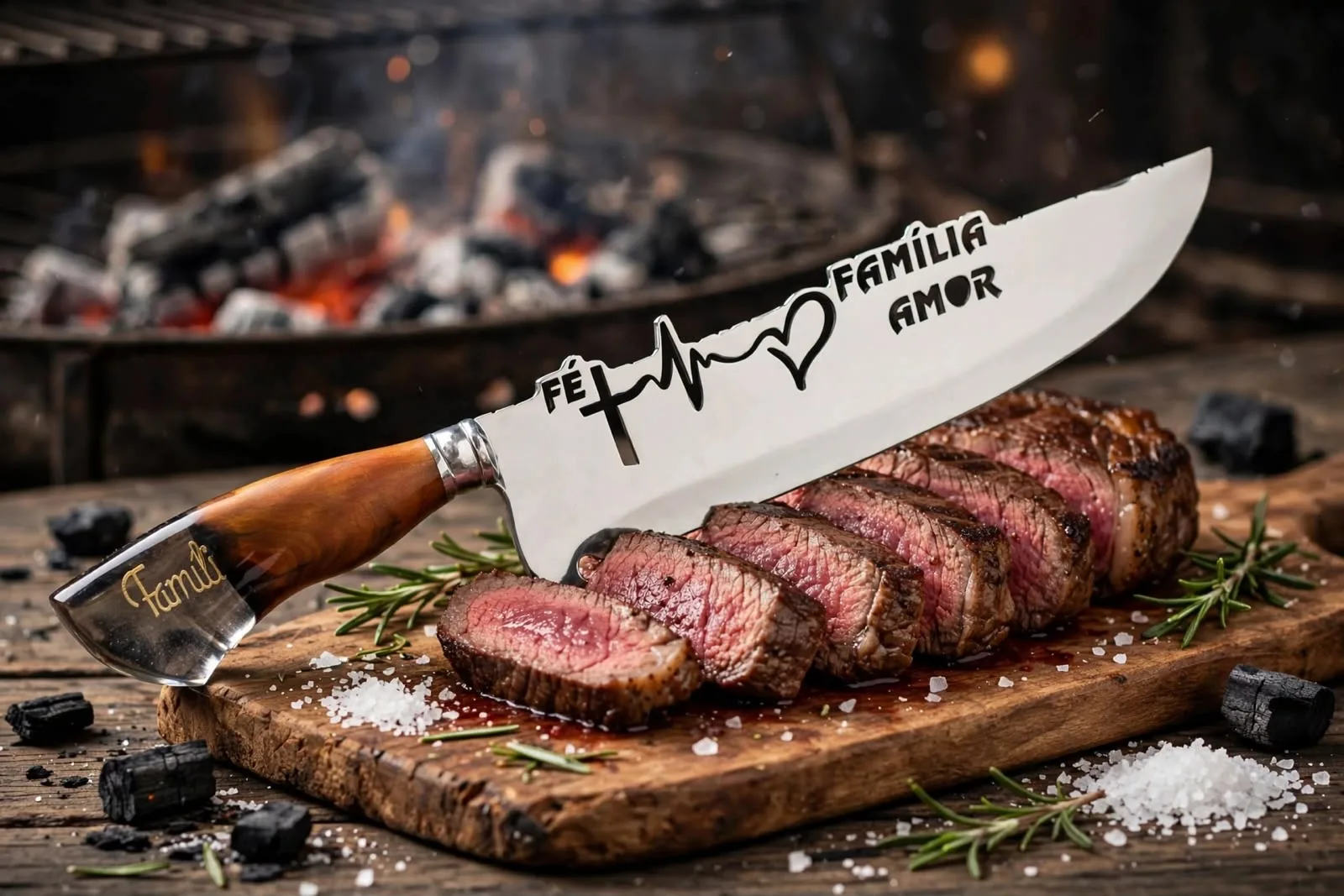 Faca para churrasco personalizada com o tema de Fé Familía Amor