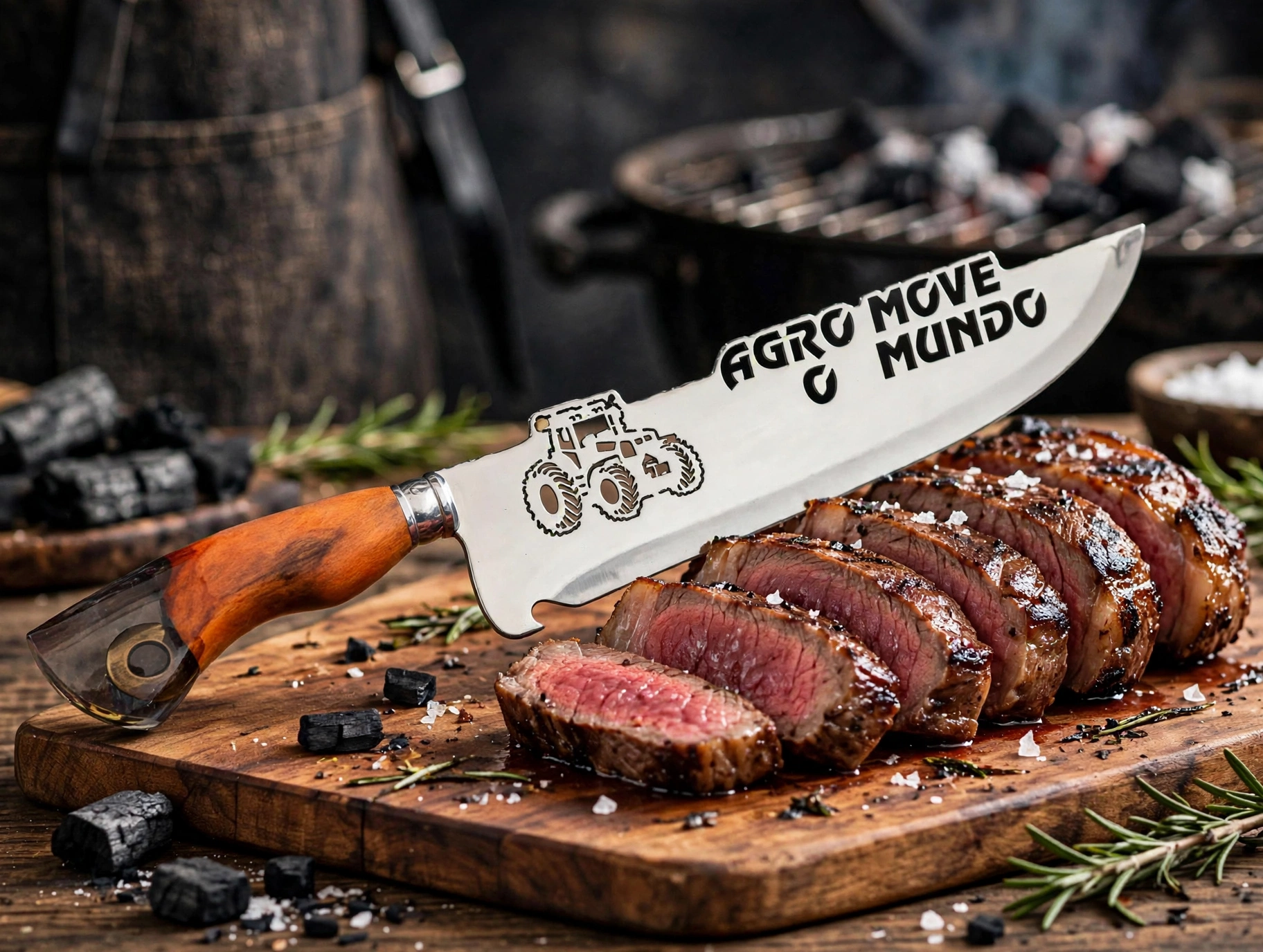 Faca para churrasco personalizada com o tema do Agro Move o Mundo