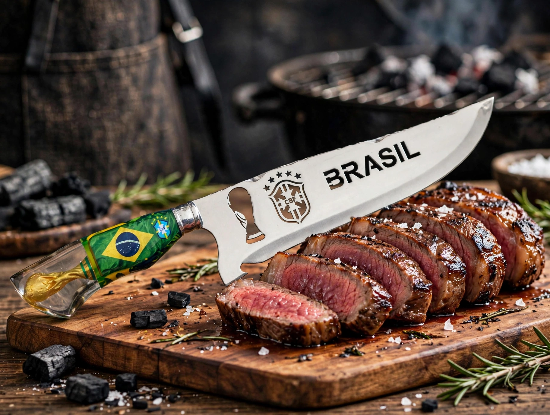 Faca para churrasco personalizada com o tema do Brasil com a Taça