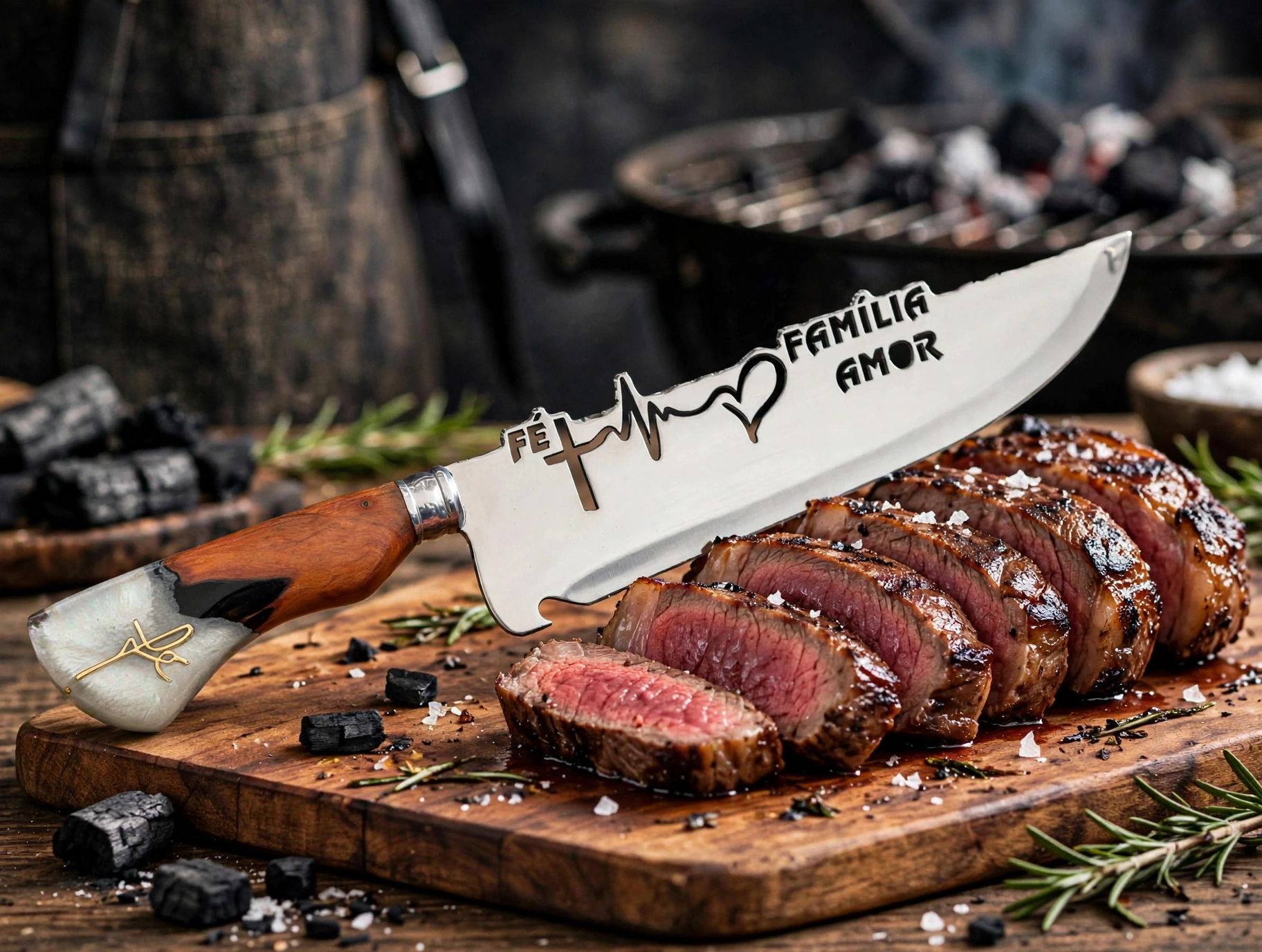 Faca para churrasco personalizada com o tema da Fé Família Amor