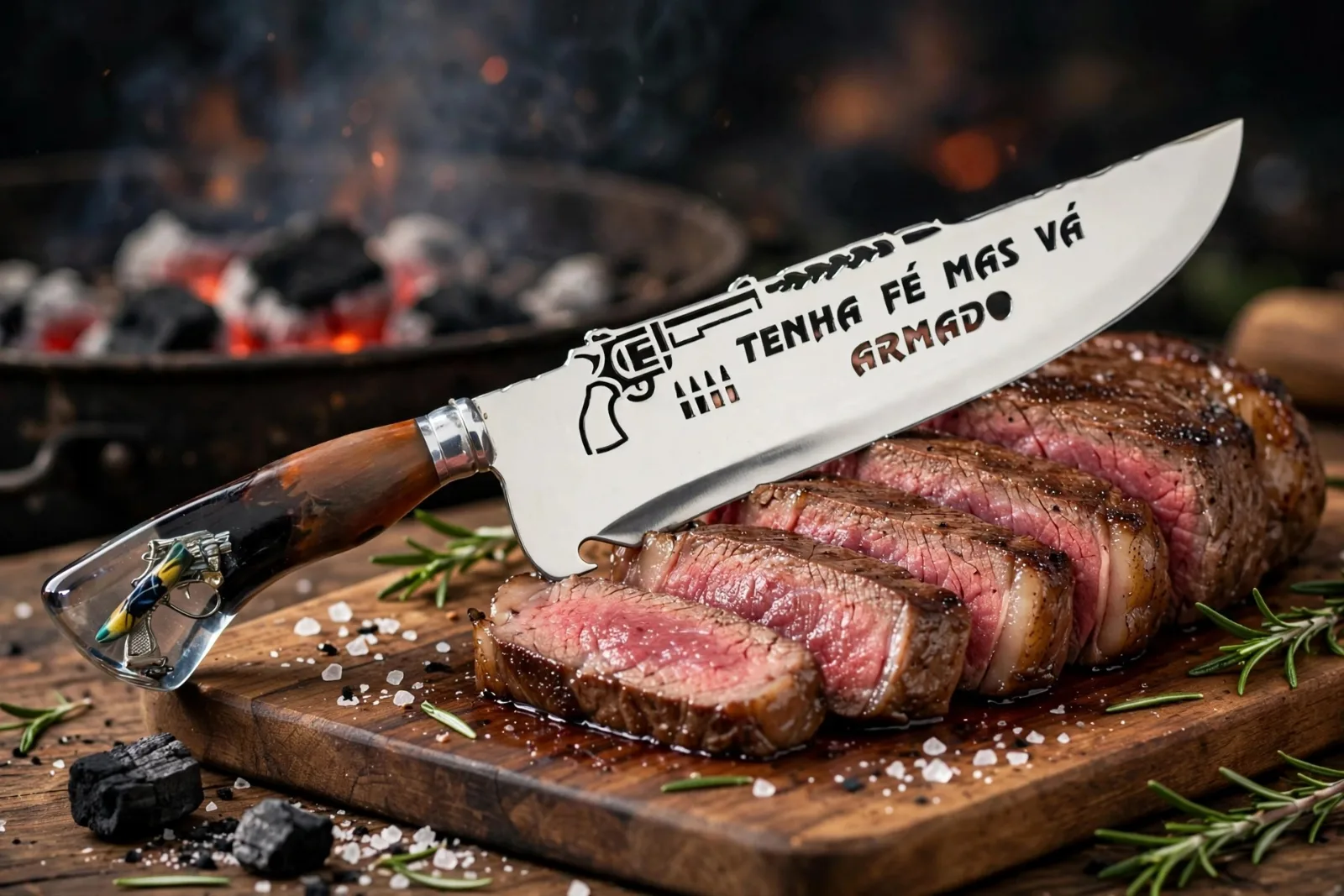 Faca para churrasco personalizada com o tema de Tenha Fé Mais Vá Armado